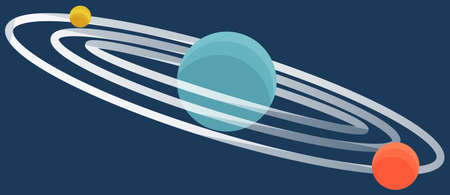 Cartoon fantastic planet on dark blue space background. Saturn made of gases with ring of ice and dust. Sixth planet from Sun in Solar system isolated cartoon flat vector illustration cosmic objectのイラスト素材