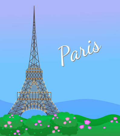 Eiffel tower in Paris, post card. Paris poster with blooming rose flowers and eiffel tower. Card with written word Paris and famous european architectural attraction. Symbol of the capital of Franceのイラスト素材