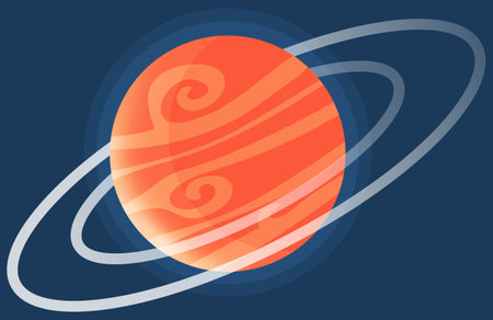 Cartoon red fantastic planet on dark blue space background. Saturn made of gases with ring of ice and dust. Sixth planet from Sun in Solar system isolated cartoon vector illustration cosmic objectのイラスト素材