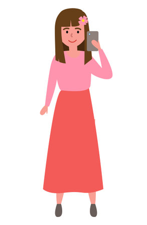 Cartoon of smiling girl make selfie vector icon for web design isolated on white. Cute little girl with a flower in her hair and in pink clothes makes selfie on smartphone, interacting characterのイラスト素材
