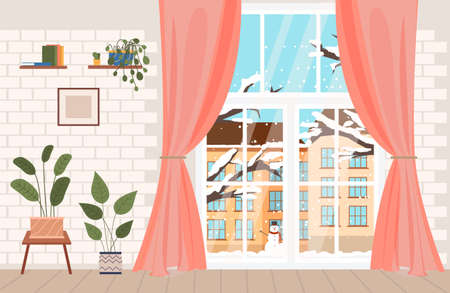 Bright living room cozy interior with modern furniture and winter landscape outside the window. Flat style vector illustration. Large window with curtains, snowman and snow-covered tree outsideのイラスト素材