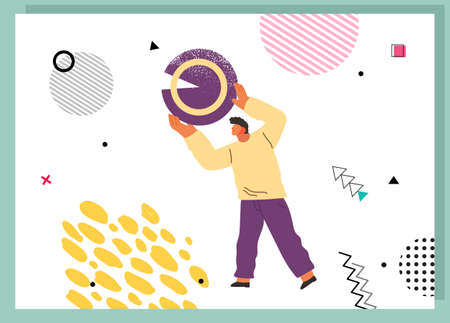 Young man holding and organizing abstract circular geometric shape overhead flat vector illustration. Person standing with round object in hands on white background. Business building conceptのイラスト素材