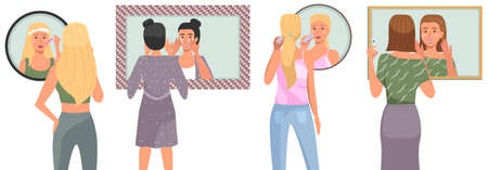 Set of illustrations on the theme of the morning routine. Women cleanse their skin in the bathroom. Female characters are looking in the mirror and applying skin care products vector. Make upのイラスト素材