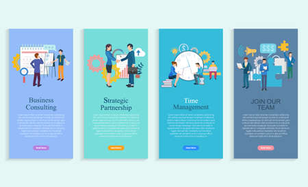 Business consulting, strategic partnership, time management, join our team app slider set. Company profit, development and communication with laptop vector. Webpage or website template flat styleのイラスト素材