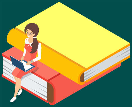 Online library. Books in your laptop. Young girl love to read sitting on stack of large books and using tablet pc studying in internet. Online courses and student concept. Distance learning knowledgeのイラスト素材