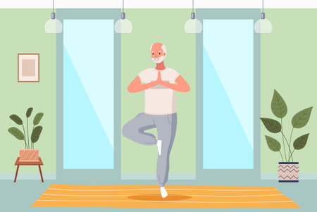 Man doing yoga on the carpet in cozy room. Elderly happy man standing in a tree pose. Male character taking care of his health, leads a healthy lifestyle, doing relaxation exercises, gets energyのイラスト素材