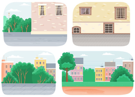 A set of summer season cartoon city landscape with green high trees, road, cloudy sky. Lovely urban nature vector illustration. Green empty city park with a pedestrian sidewalk, vintage brick buildingのイラスト素材