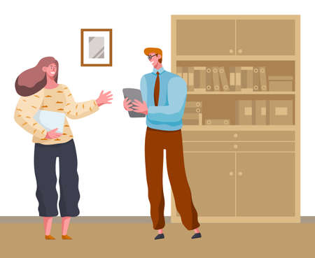 Business meeting colleagues or partners. Businesspeople communicating, managers discuss new project and marketing strategy. Man and smiling woman holding paper sheet talking in the office spaceのイラスト素材