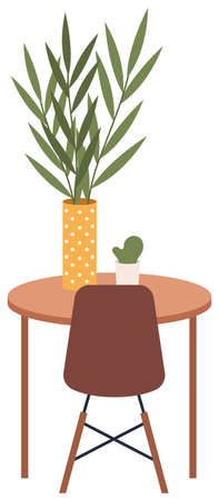 A small table with a houseplant in a vase, potted plant cactus and a chair. Cozy workplace in office. Living room interior elements flat style vector illustration isolated on white backgroundのイラスト素材