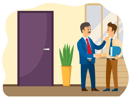 Business people shaking hands, reached agreement. Partnership and cooperation in business, happy businessmen made a good transaction. Partners on deal meeting in office do handshake in flat designのイラスト素材
