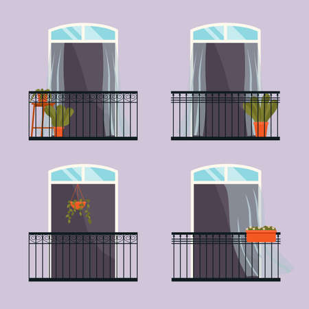 Balcony with iron fence with patterns. Large window with potted plants a set of illustrations. Window overlooking the street with the plant in pot inside. Balcony isolated on the wall of the buildingのイラスト素材