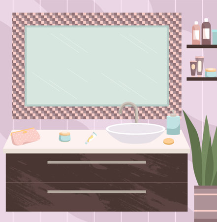 Modern sink table and a mirror tiled around flat vector illustration.. Bathroom interior design concept. Empty bath room. Items for skin and hair care. Care products on a table with lockersのイラスト素材