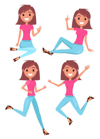 Young smiling woman dressed in blue jeans and pink t-shirt in various postures. Cheerful happy girl in different poses. Female cartoon character on white background colorful vector illustrationのイラスト素材