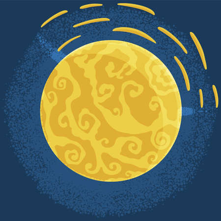 Cartoon fantastic yellow planet on dark blue space background. Cosmic object solar system...