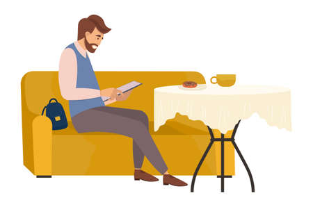 Man holding menu ready to order dishes. Male character is sitting at a table eating donut in cafe. Hotel, restaurant place isolated vector illustration. Businessman examines an assortment of mealsのイラスト素材