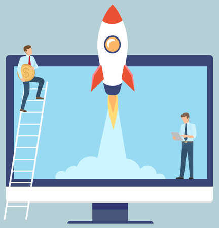 Business team make new project standing near laptop, start up concept. Rocket takes off into sky. Businessman on ladder with coin develops business idea. Innovative successful way in entrepreneurshipのイラスト素材