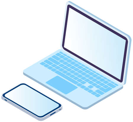 Modern technology devices flat vector illustration. Laptop and smartphone isolated on white background. Electronic devices for work and study. Open computer and mobile phone with empty screenのイラスト素材