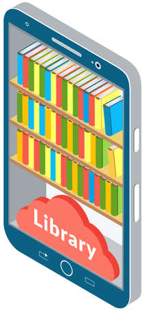 Digital online library on smartphone. Distance education with modern technology application in phone. Screen with virtual bookshelves and stacks of multicolored books. Electronic library conceptのイラスト素材