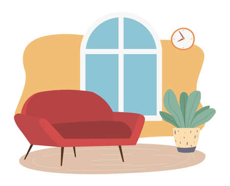 Living room interior design with red sofa and potted plant. Arrangement of furniture and layout of premises in the apartment. Furniture equipment of rooms. Glazed window and a modern soft couchのイラスト素材