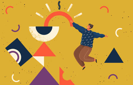 A man flying in abstract imaginary space organizing geometric shapes. Person in a pose of movement collecting figures. Teamwork and team building organization concept. Modern business illustrationのイラスト素材