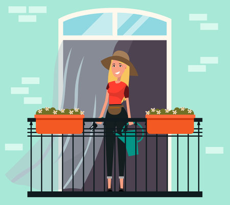 Beautiful young woman watering houseplants on the balcony. Caring for indoor flowers vector illustration. Girl with a watering can in her hands looks at blossom in a pot near the opened windowのイラスト素材