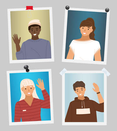 Set of pictures about people wave hands. Female character shows greeting gesture with hand. Boy in sweater smiles and raises his hand. Light hat on the boy s head, photo card isolated on whiteのイラスト素材