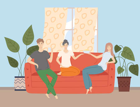 Happy friends watching television together sitting on the couch at home eating cereal and drinking tea. Group of people watching TV. Guy and two girls communicating in living room flat vectorのイラスト素材