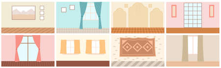 Set of eight scenes of home interior. Cozy place of the room near window with curtains, paintings and carpet hang on the wall. Living room with a place for family gatherings. Apartment room furnitureのイラスト素材