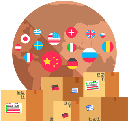 Earth with flags of world. Planet surrounded by national symbols of countries. Flags of different countries and nationalities around globe. Boxes with parcels for international delivery of goodsのイラスト素材