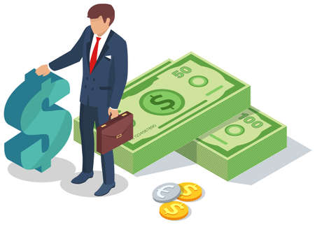 Rich businessman character holds briefcase, stands at the stacks of dollar bills. Financial success concept. Vector flat cartoon illustration with a man in business suit and a stack of moneyのイラスト素材