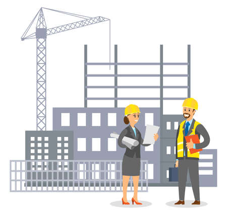 Woman in uniform engineer in helmet talking to man foreman on building construction background flat...