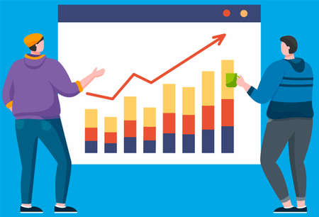 Man showing diagrams on board to his partner. Growth arrow and bar chart on table. People standing...