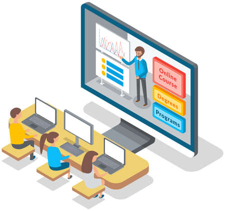 University lecture with instructor and students. Man teacher conducts a lecture remotely online use charts and teaching statistical analysis. Business trainer explaining presentation on laptop screenのイラスト素材