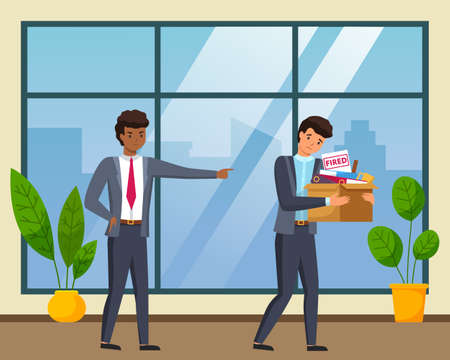 Layoff concept. Angry boss dismissed employee. Unhappy fired man leaves the office with things in a box. Unemployment dismissal of fellow workers. Jobless and employee job reduction conceptのイラスト素材