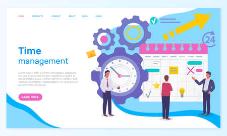 Time management, organizing effective time, website concept, planning dates, business meetings, businessmen near calendar with notes, clock, productive time, productivity, workers control deadlinesのイラスト素材