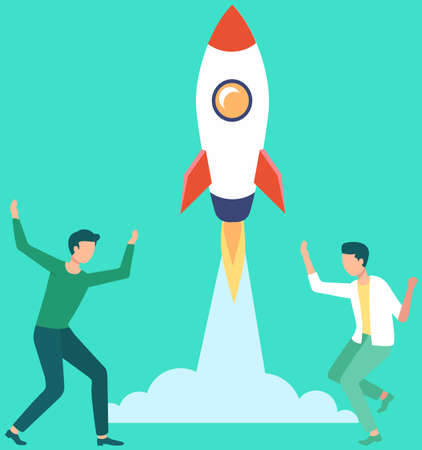 Men launch aircraft into space. Rocket takes off and leaves cloud. Guy are rejoicing at successful flight. Rocket flies into sky and releases fire. Male characters celebrate launch vector illustrationのイラスト素材
