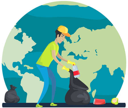 Man throwing plastic bottle waste in garbage package. Guy picking up trash on street. Person puts non-recyclable waste for further recycling. Male character cleans up on background of planetのイラスト素材