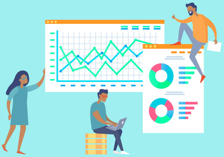 Business people at work brainstorming, analyzing statistical indicators, check report, develop sales strategy and financial growth. Template for business planning. Data analysis vector illustrationのイラスト素材