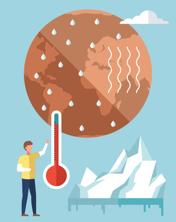 Earth environmental problem poster concept. Dried, hot and red planet globe. Melting glaciers due to global warming. Man points to thermometer measuring temperature of air and water on planetのイラスト素材