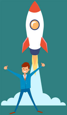 Career development with happy businessman ready flying high on space ship. Startup and successful innovation business launch concept. Male character stands near rocket happily raised his hands upのイラスト素材