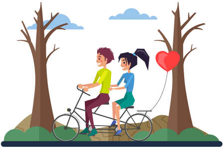 Romance and romantic relationship, couple on date riding bicycle and balloon vector. Girl and guy on bike, walk in park destroyed by human activity. Dirty, dry, greenless nature. Save planet conceptのイラスト素材