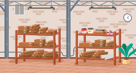 Racks with boxes and color containers cans with dyes in printing house room vector illustration....