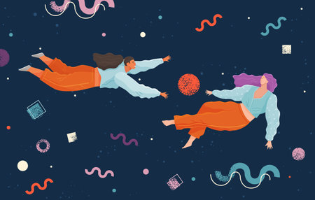 People flying in abstract imaginary space organizing geometric shapes. Group of young women...