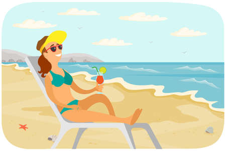 Recreation near sea vector illustration. Smiling girl is sitting in sun lounger with cocktail and tanning. Female character is sunbathing at resort. Woman resting and spending time at sandy beachのイラスト素材