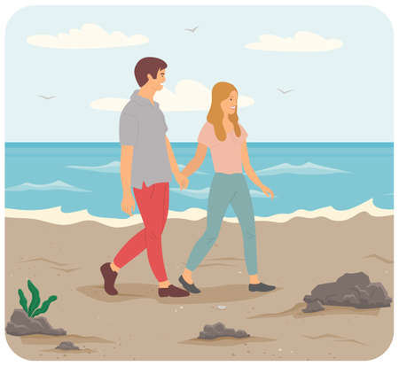 Characters are resting near ocean bank. People on date spending time together on beach. Young couple in relationship hug and stare at sea. Guy and girl communicate and relax on coastline in summerのイラスト素材