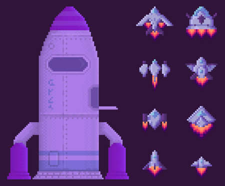 War flying object in outer space flat vector illustration. Rocket on dark purple background. Combat aircraft for alien transportation near lined up rockets. Space pixel game interface designのイラスト素材