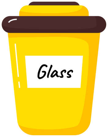Yellow trash can with inscription for collecting glass garbage, zero waste concept isolated on white. People sort trash care for environment. Healthy world and humanity. Glass rubbish in dumpsterのイラスト素材
