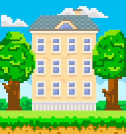 House surrounded by green spaces and plants. Apartment building with many windows for pixel game. Panorama architecture. Layout of mobile app, computer pixelated game. Old architectural constructionのイラスト素材