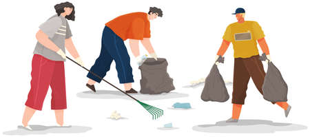 Volunteer people are cleaning territory. People volunteering collect garbage and waste on contaminated areas. Characters throwing trash. Men and woman remove plastic and paper vector illustrationのイラスト素材