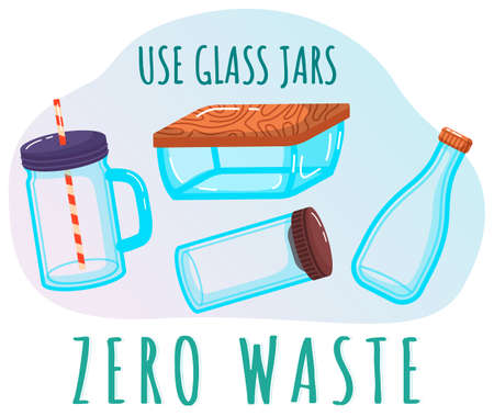 Eco friendly glass packaging, set of containers jars, bottles and boxes for storing food and liquids with lids on white. Zero waste concept. Food container. Reusable tableware, utensils are recyclableのイラスト素材